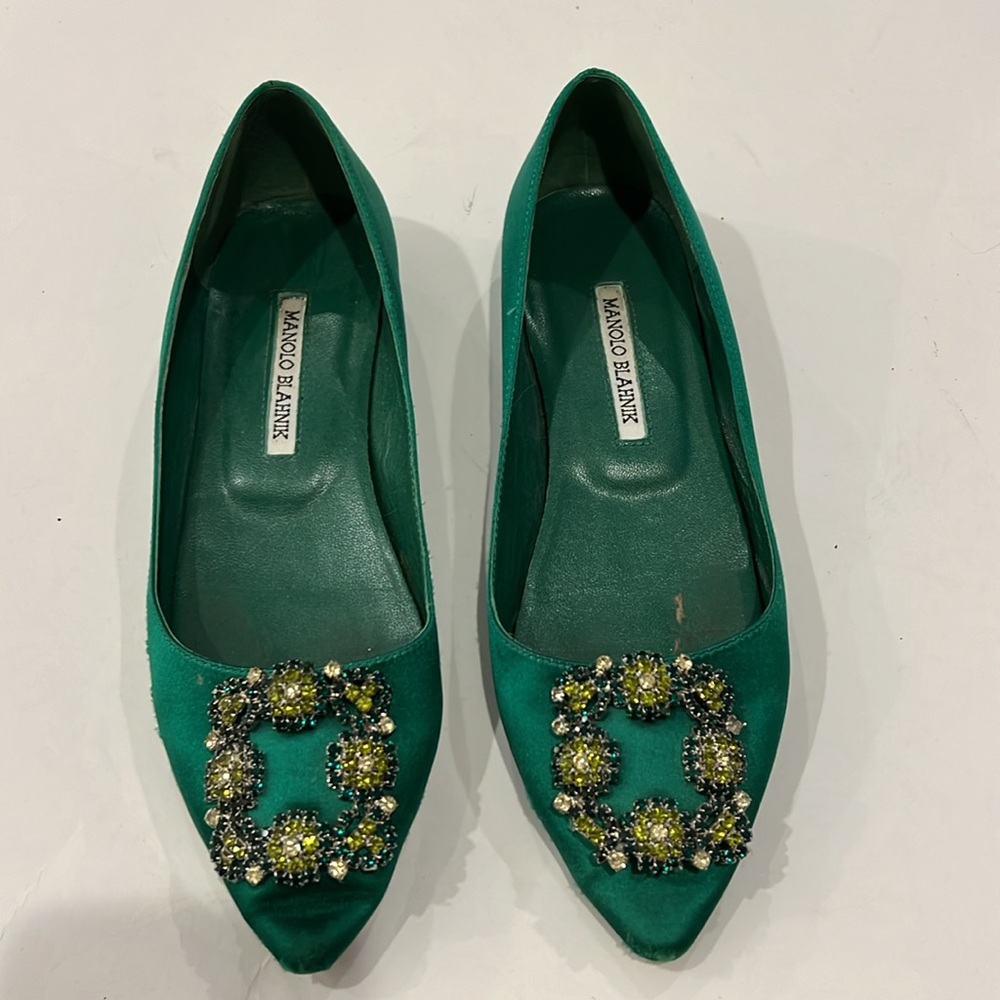 Manolo Blahnik Crystal Embellished Hangisi Silky Satin Green Buckle Flat…